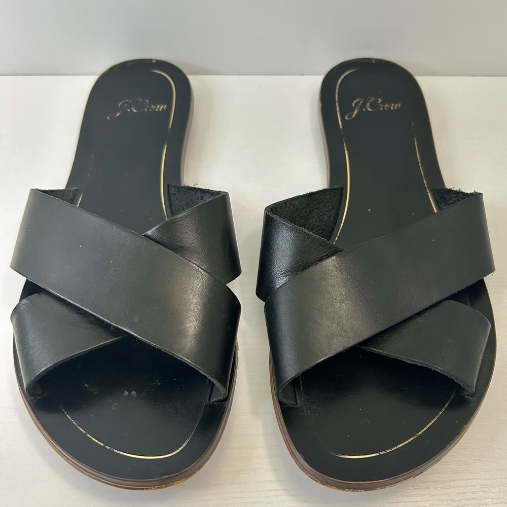 J Crew Cypress Black Leather Cross Strap Slide Sandal Size 8